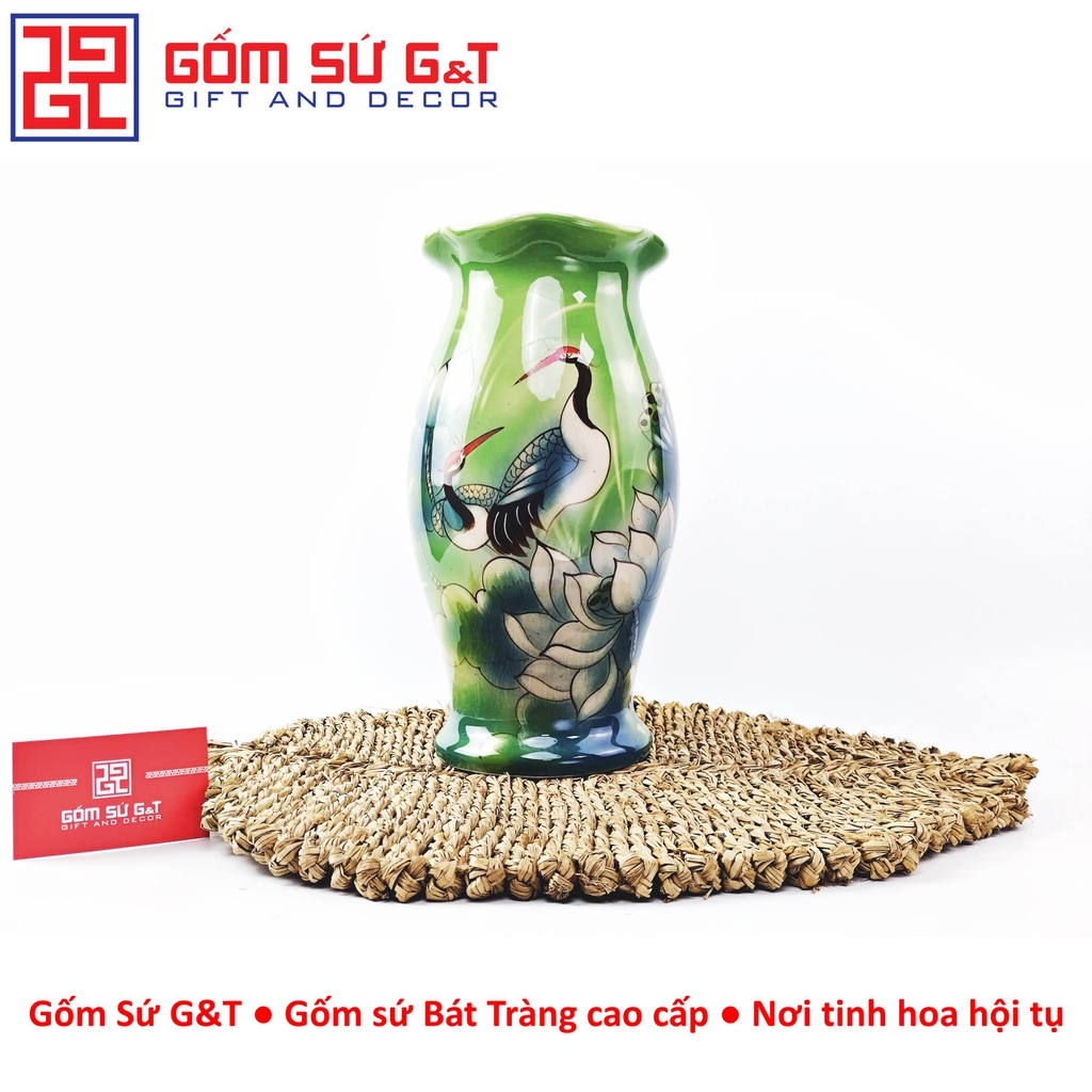 Lọ hoa dáng kèn miệng lượn vẽ 3D sen hạc