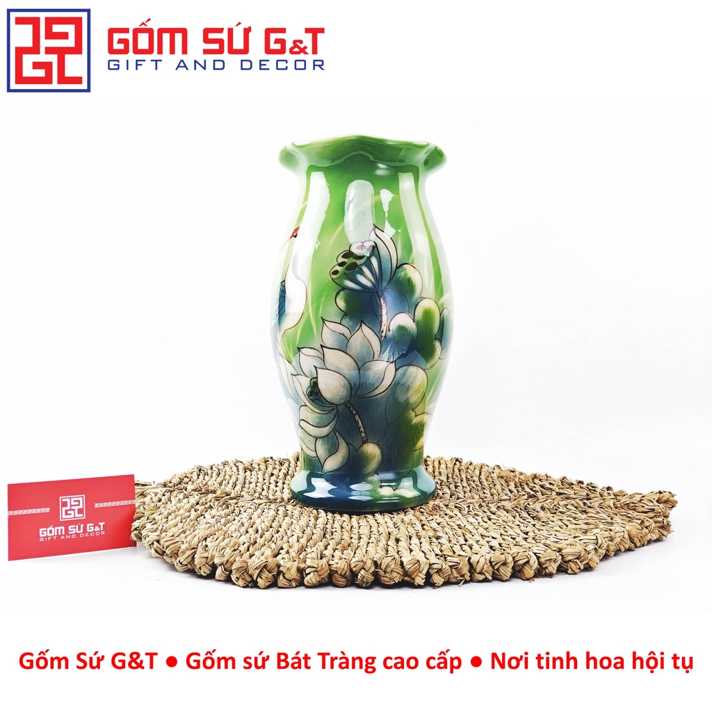 Lọ hoa dáng kèn miệng lượn vẽ 3D sen hạc