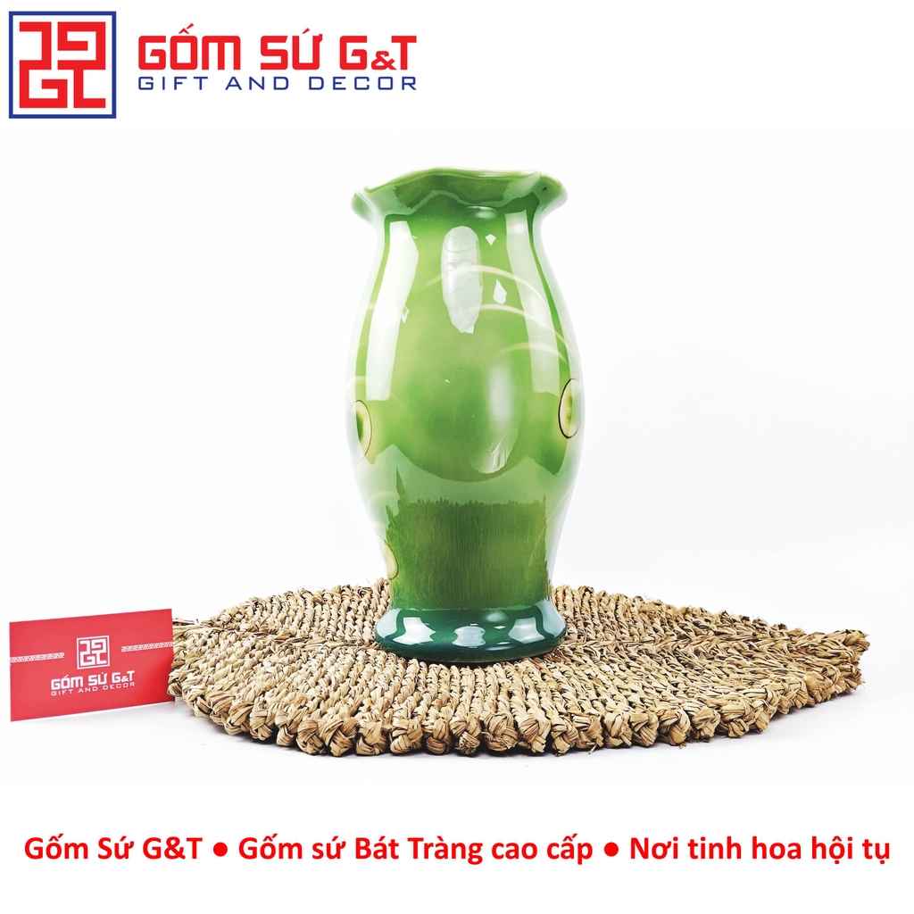 Lọ hoa dáng kèn miệng lượn vẽ 3D sen hạc