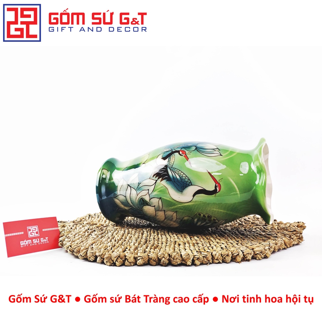 Lọ hoa dáng kèn miệng lượn vẽ 3D sen hạc