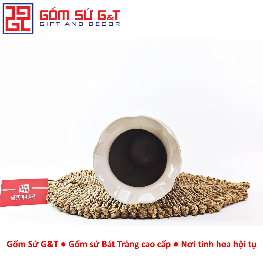 Lọ hoa dáng kèn miệng lượn vẽ 3D sen hạc