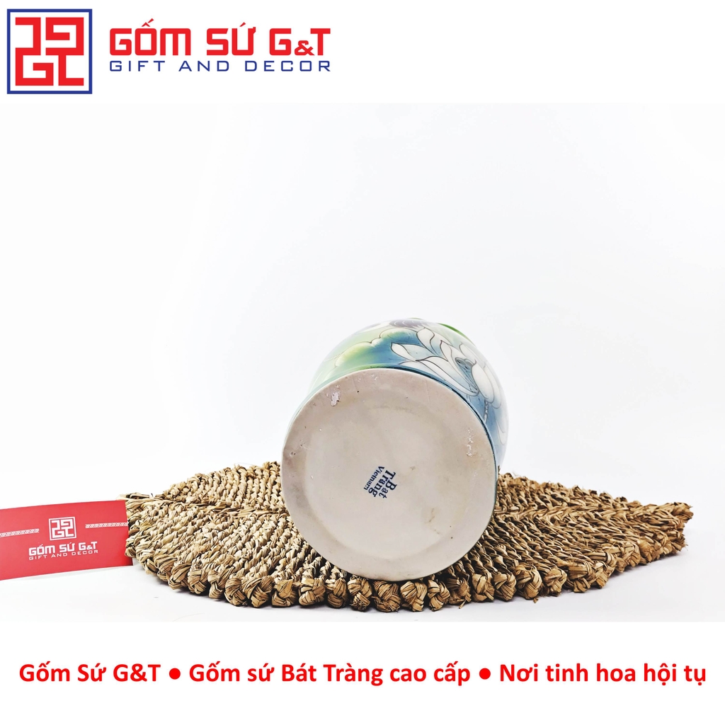 Lọ hoa dáng kèn miệng lượn vẽ 3D sen hạc