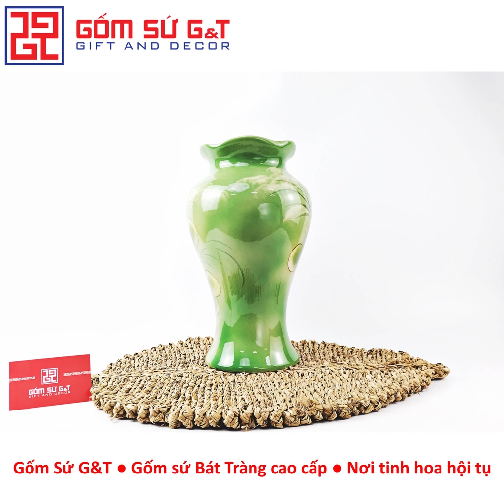 Lọ hoa dáng chân đèn miệng lượn vẽ sen hạc