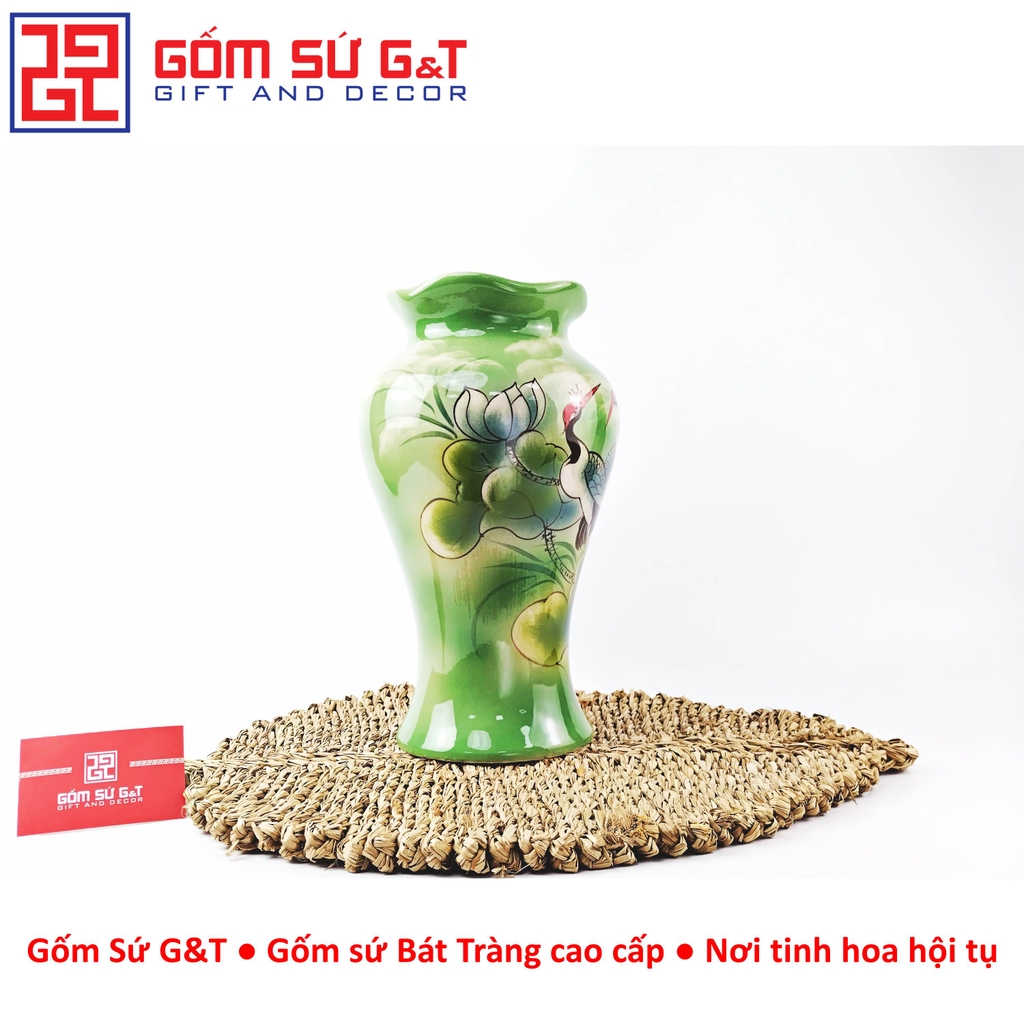 Lọ hoa dáng chân đèn miệng lượn vẽ sen hạc