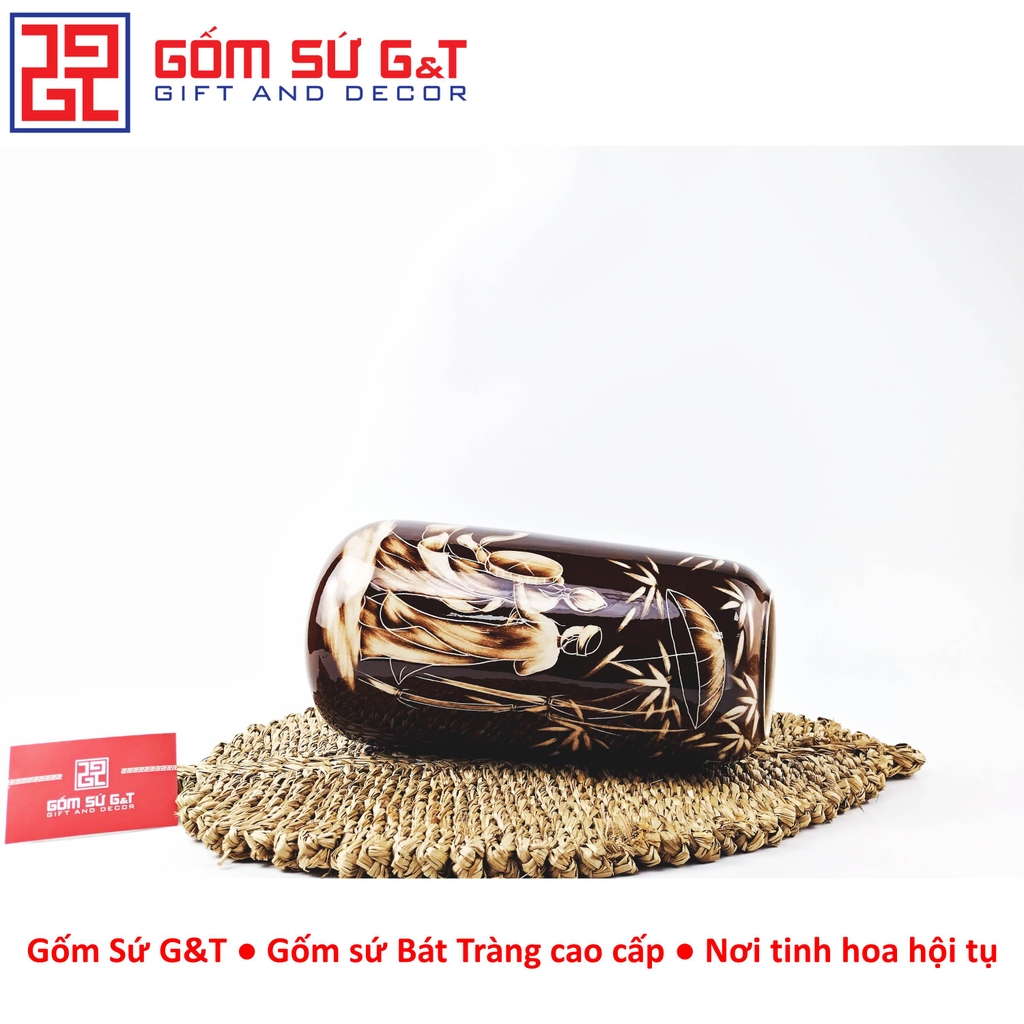 Lọ hoa dáng đu đủ vẽ gieo duyên quan họ 3D nâu trầm