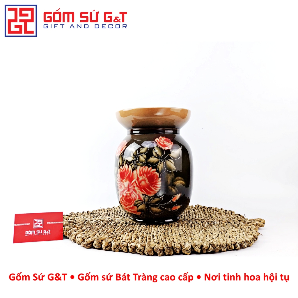 Lọ hoa vuốt tay dáng thon vẽ hoa hồng