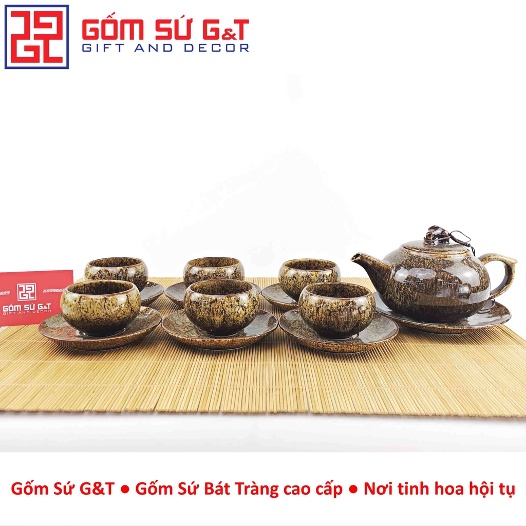 Bộ trà men hỏa biến dáng quả hồng màu vàng