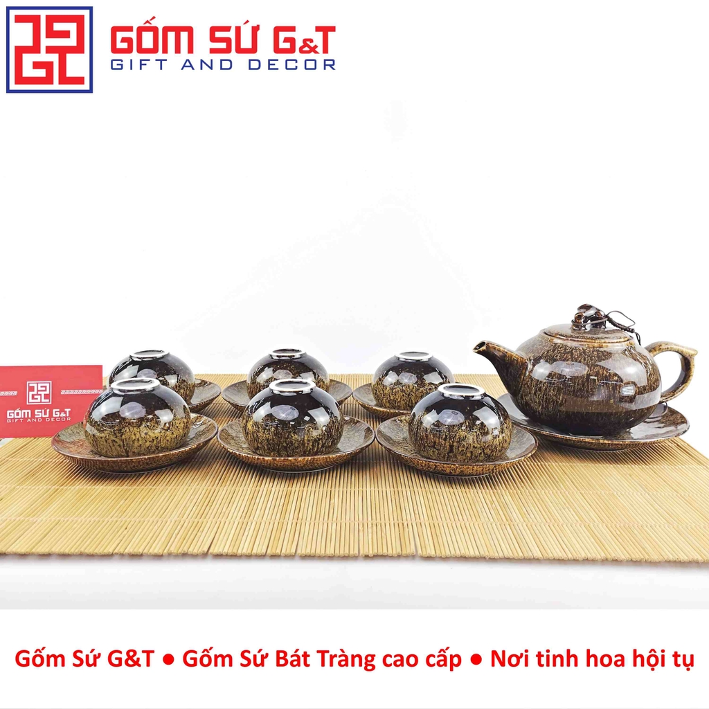 Bộ trà men hỏa biến dáng quả hồng màu vàng