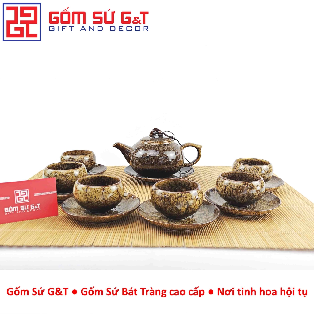 Bộ trà men hỏa biến dáng quả hồng màu vàng