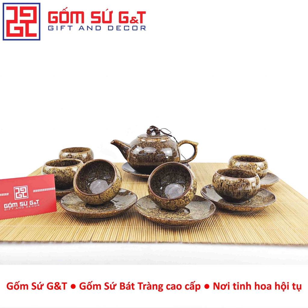 Bộ trà men hỏa biến dáng quả hồng màu vàng