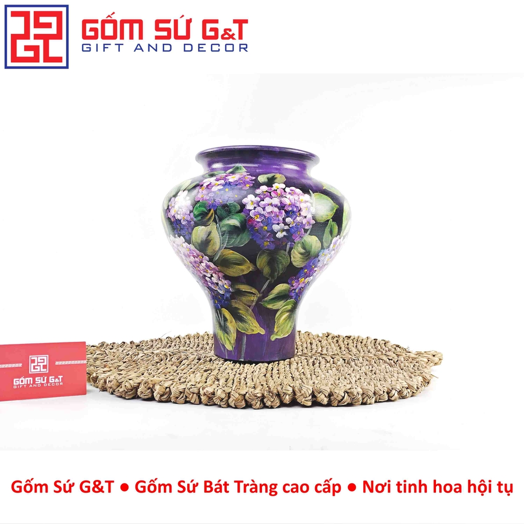 Lọ hoa vuốt tay dáng vò chân thon vẽ cẩm tú cầu tím