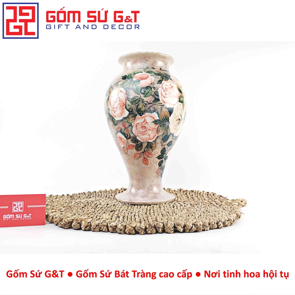 Lọ hoa vuốt tay dáng chân đèn vẽ hoa hồng