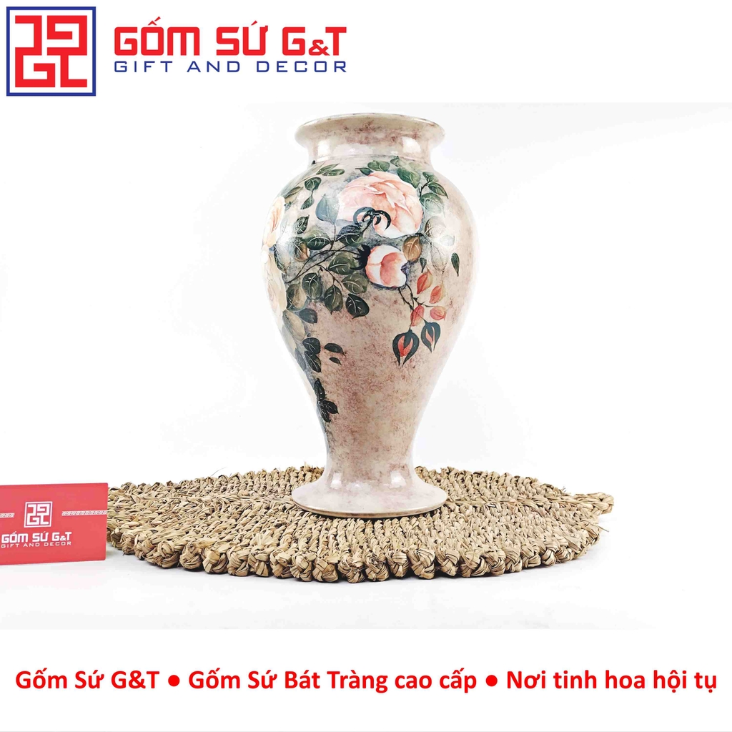 Lọ hoa vuốt tay dáng chân đèn vẽ hoa hồng