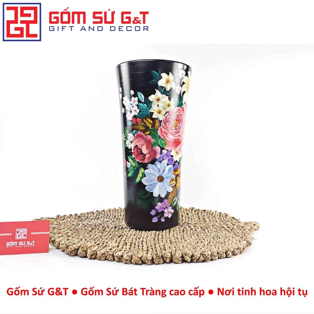 Lọ hoa vuốt tay dáng ống vẽ hoa hồng