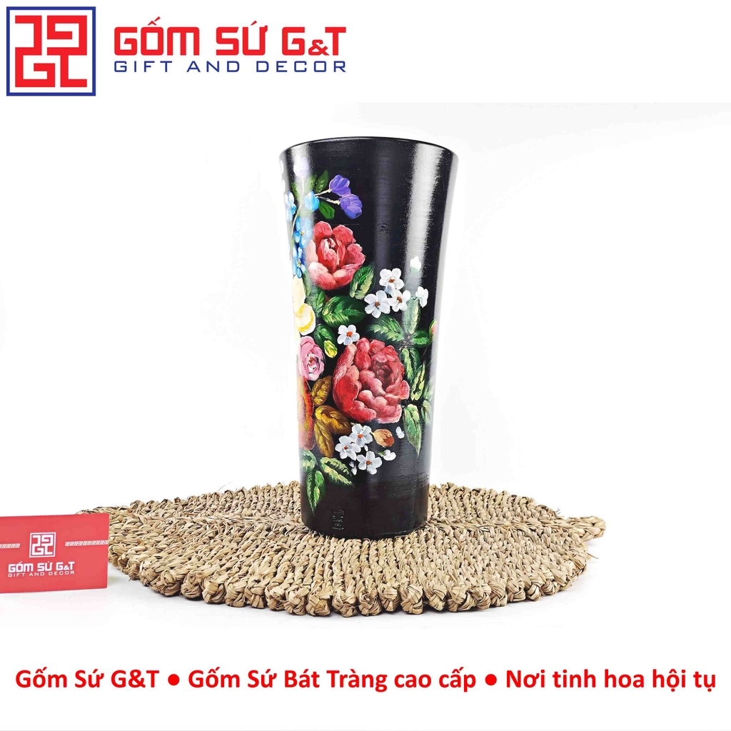 Lọ hoa vuốt tay dáng ống vẽ hoa hồng