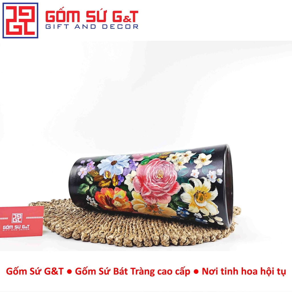 Lọ hoa vuốt tay dáng ống vẽ hoa hồng