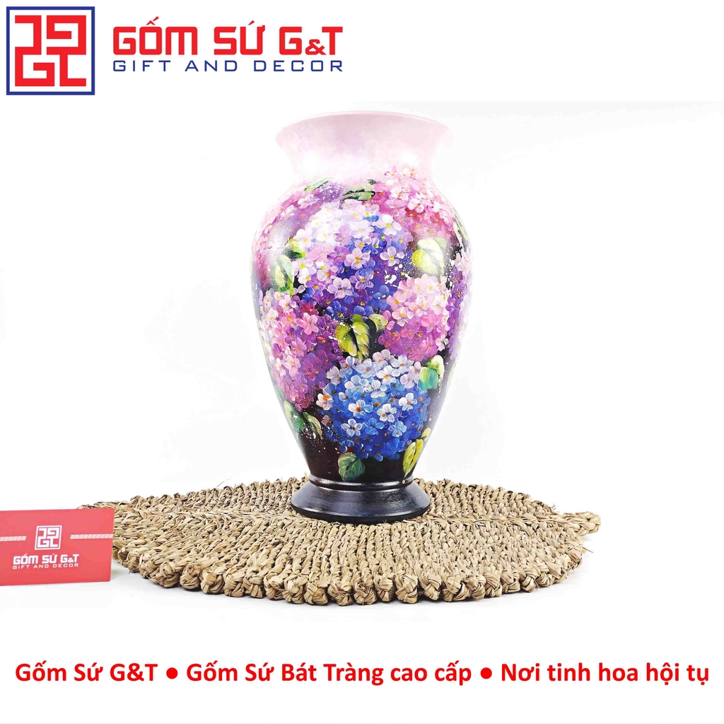 Lọ hoa vuốt tay dáng chân đèn vẽ cẩm tú cầu