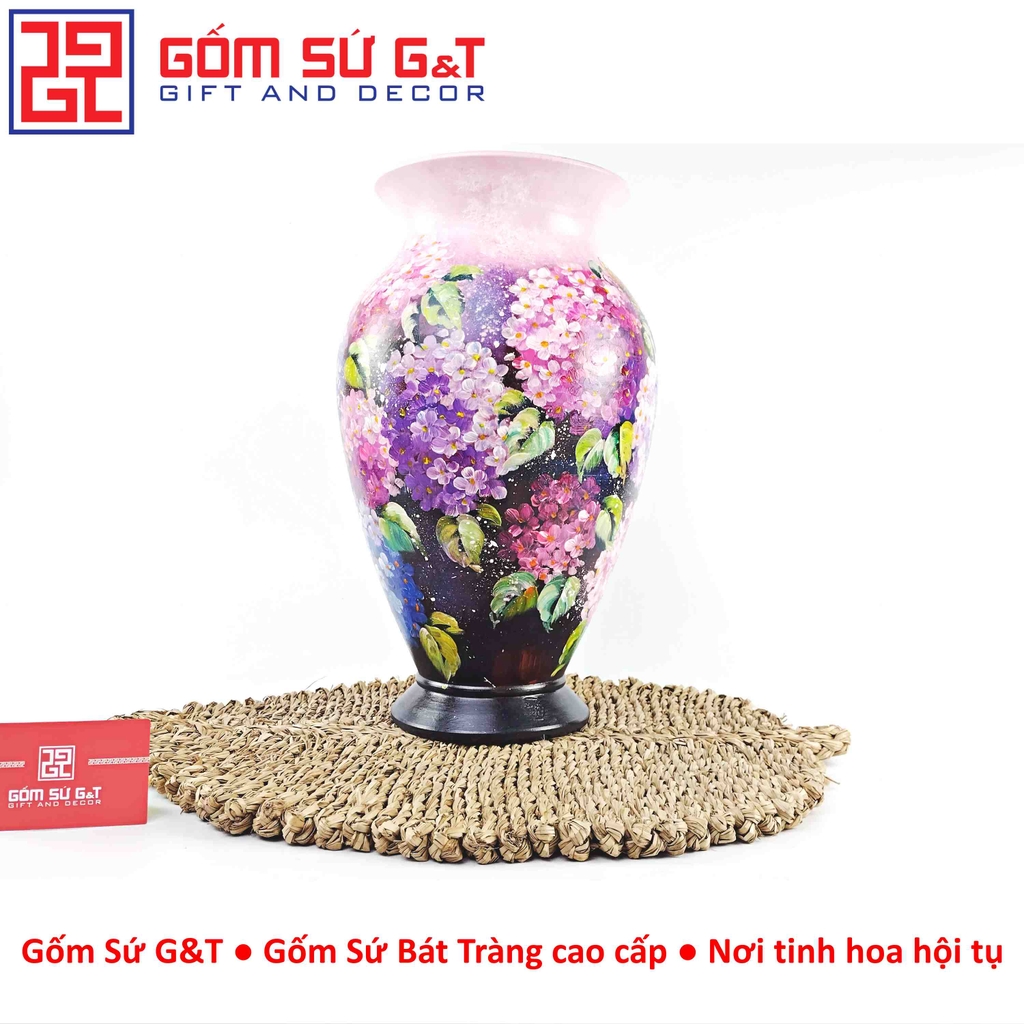 Lọ hoa vuốt tay dáng chân đèn vẽ cẩm tú cầu