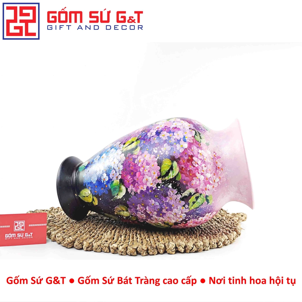 Lọ hoa vuốt tay dáng chân đèn vẽ cẩm tú cầu