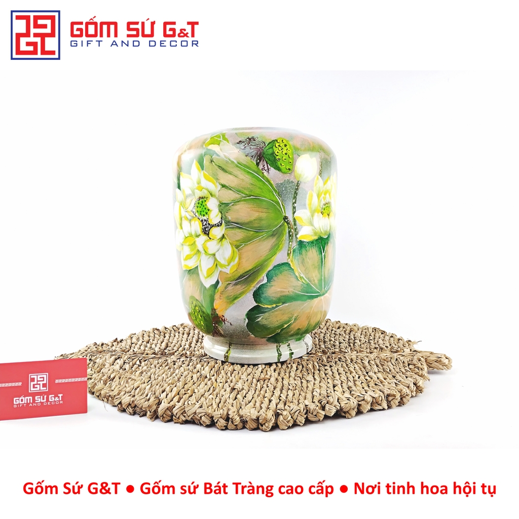 Lọ hoa vuốt tay dáng thạp vẽ sen chuồn