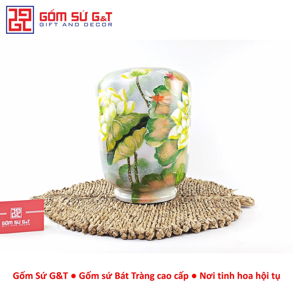 Lọ hoa vuốt tay dáng thạp vẽ sen chuồn