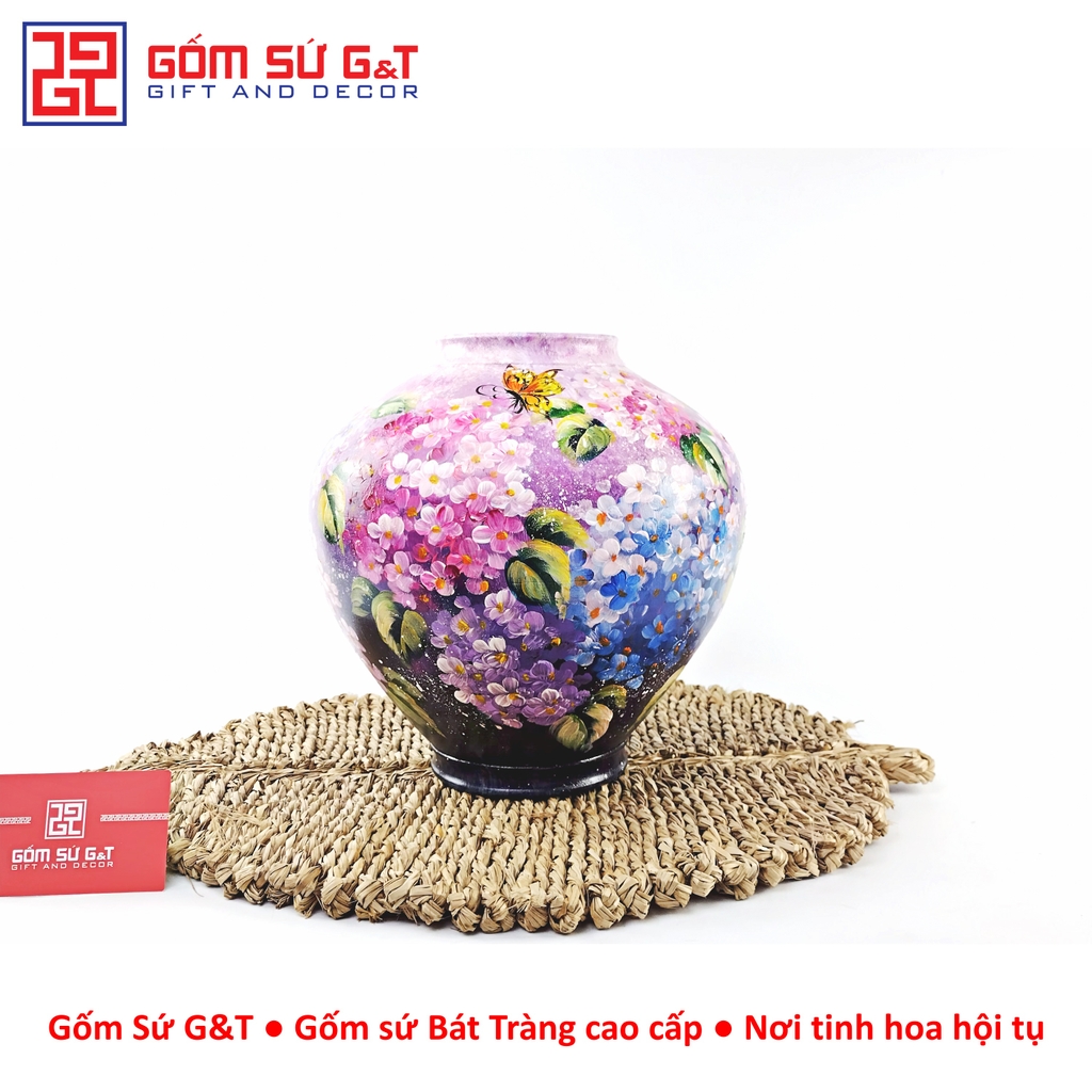 Lọ hoa vuốt tay dáng lồng đèn vẽ cẩm tú cầu