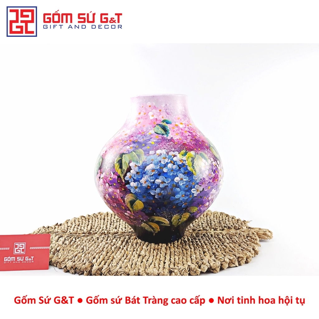 Lọ hoa vuốt tay dáng tỏi cụt vẽ cẩm tú cầu