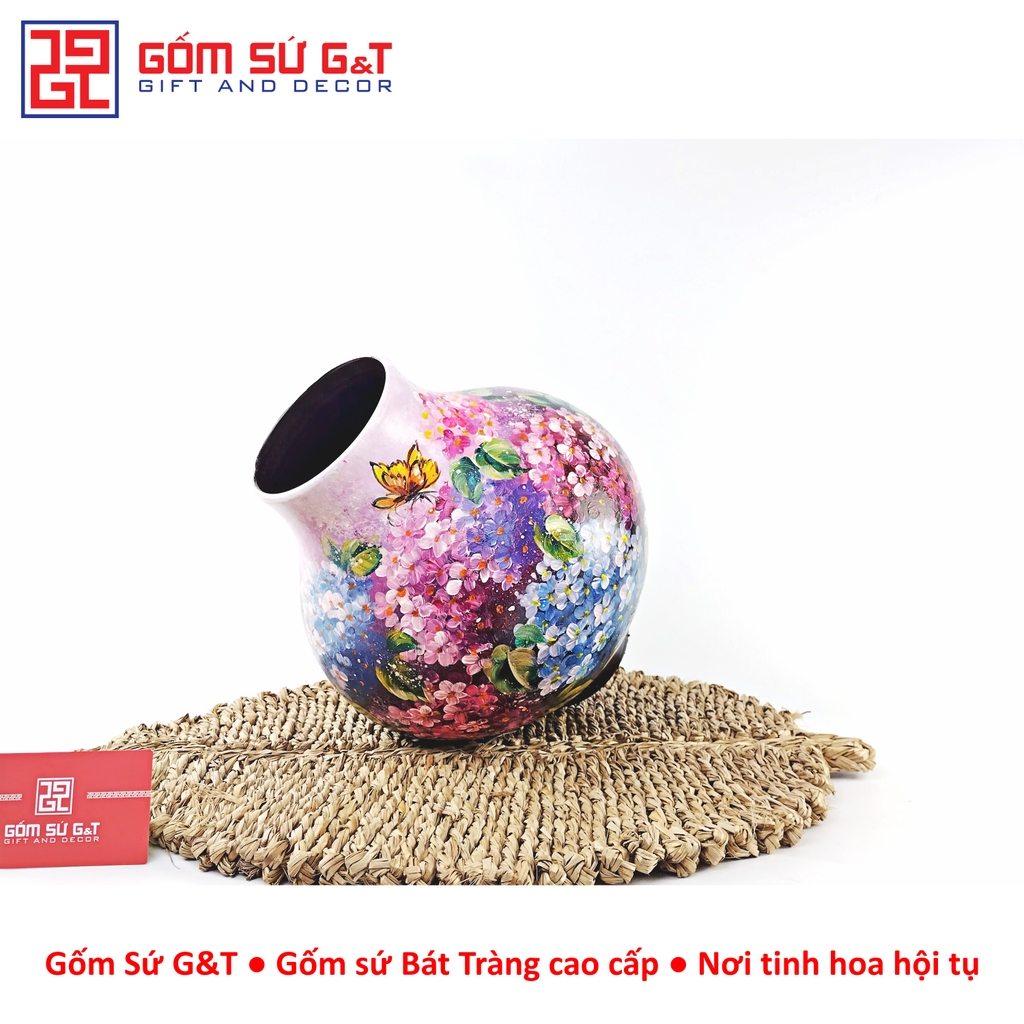 Lọ hoa vuốt tay dáng tỏi cụt vẽ cẩm tú cầu