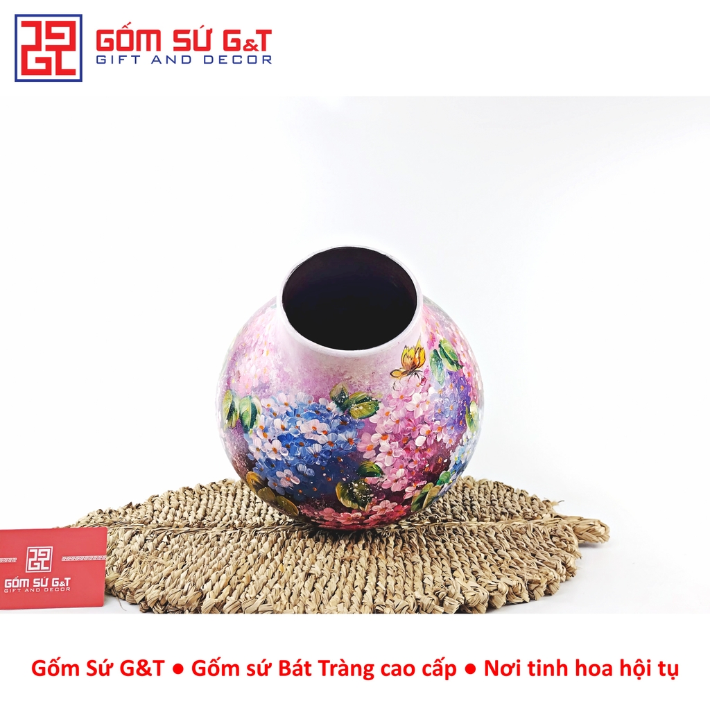 Lọ hoa vuốt tay dáng tỏi cụt vẽ cẩm tú cầu