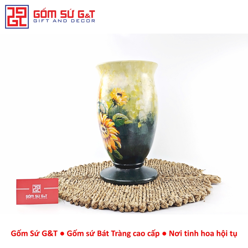 Lọ hoa vuốt tay dáng ly thấp vẽ hoa hướng dương