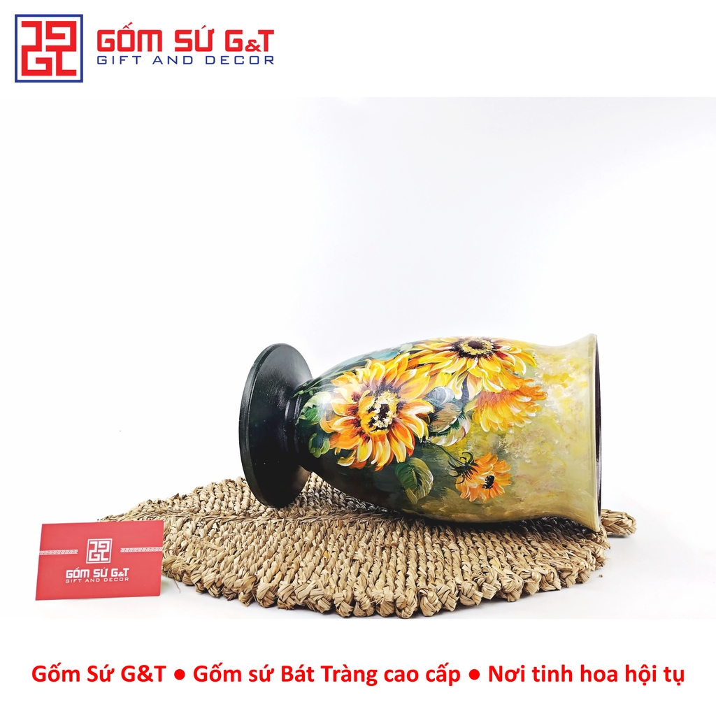 Lọ hoa vuốt tay dáng ly thấp vẽ hoa hướng dương