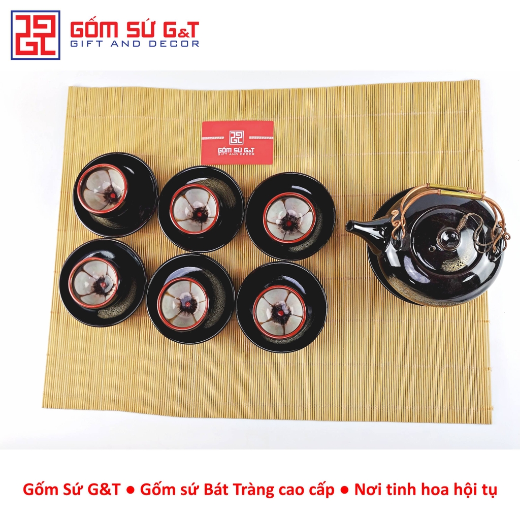 Bộ trà hỏa biến dáng Nhật lòng hoa nâu