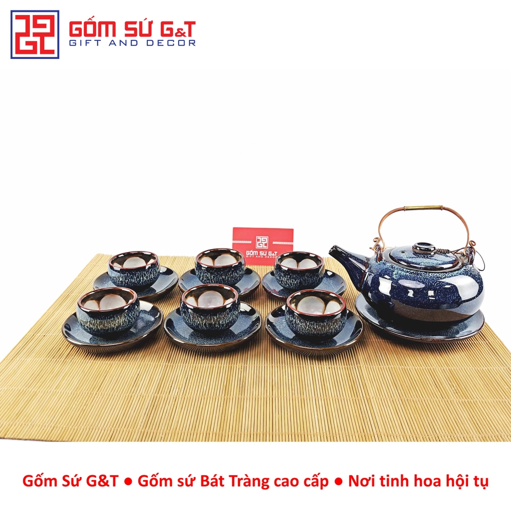 Bộ trà hỏa biến dáng Nhật lòng hoa men xanh
