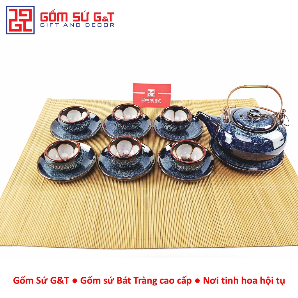 Bộ trà hỏa biến dáng Nhật lòng hoa men xanh
