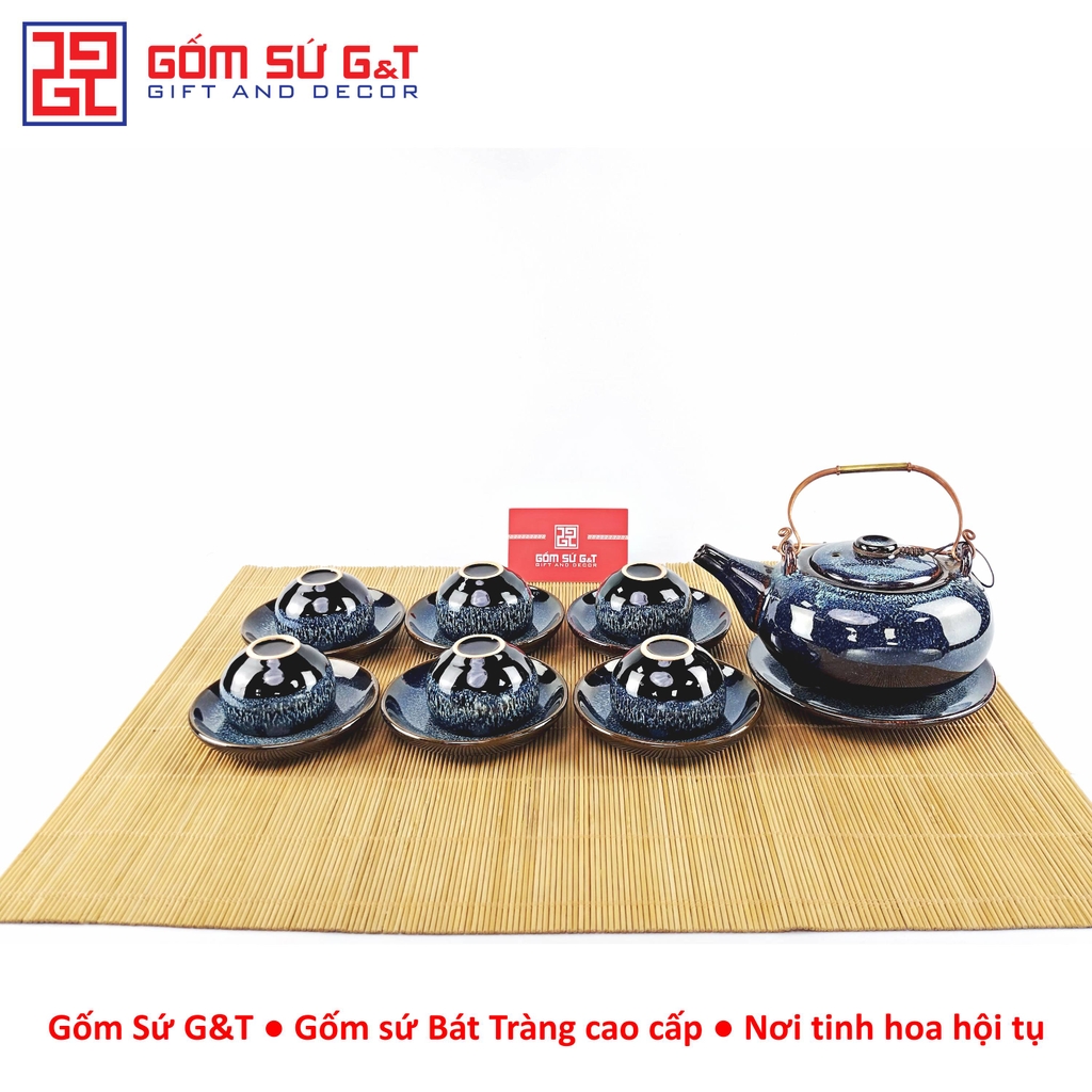 Bộ trà hỏa biến dáng Nhật lòng hoa men xanh
