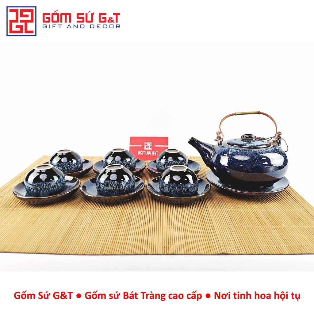 Bộ trà hỏa biến dáng Nhật lòng hoa men xanh