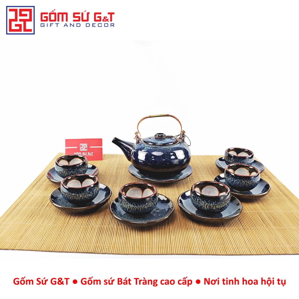 Bộ trà hỏa biến dáng Nhật lòng hoa men xanh