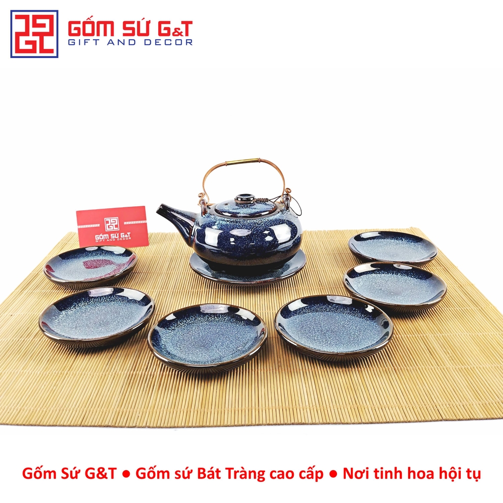 Bộ trà hỏa biến dáng Nhật lòng hoa men xanh