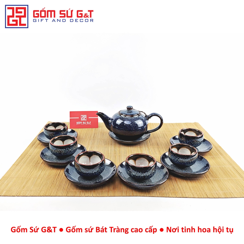 Bộ trà hỏa biến quai C lòng hoa men xanh