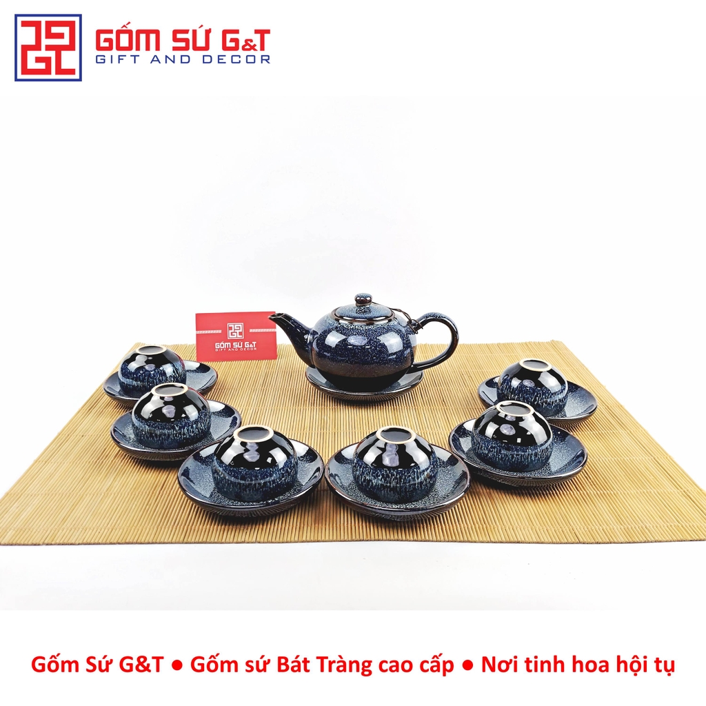 Bộ trà hỏa biến quai C lòng hoa men xanh
