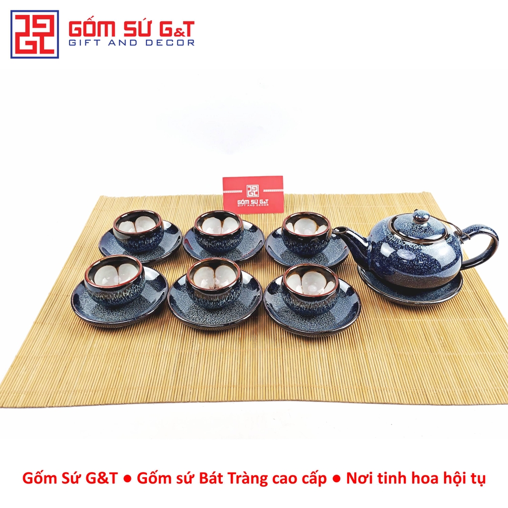 Bộ trà hỏa biến quai C lòng hoa men xanh