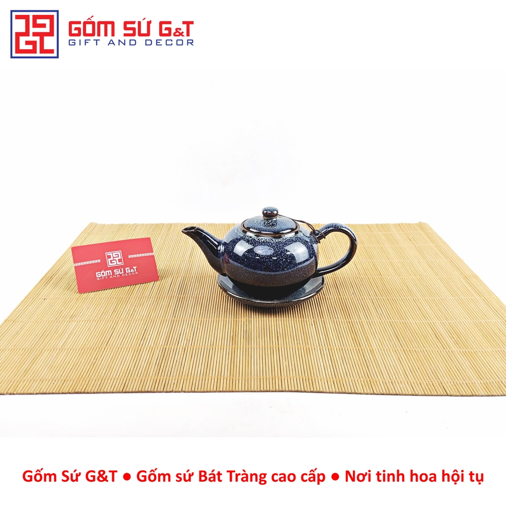 Bộ trà hỏa biến quai C lòng hoa men xanh