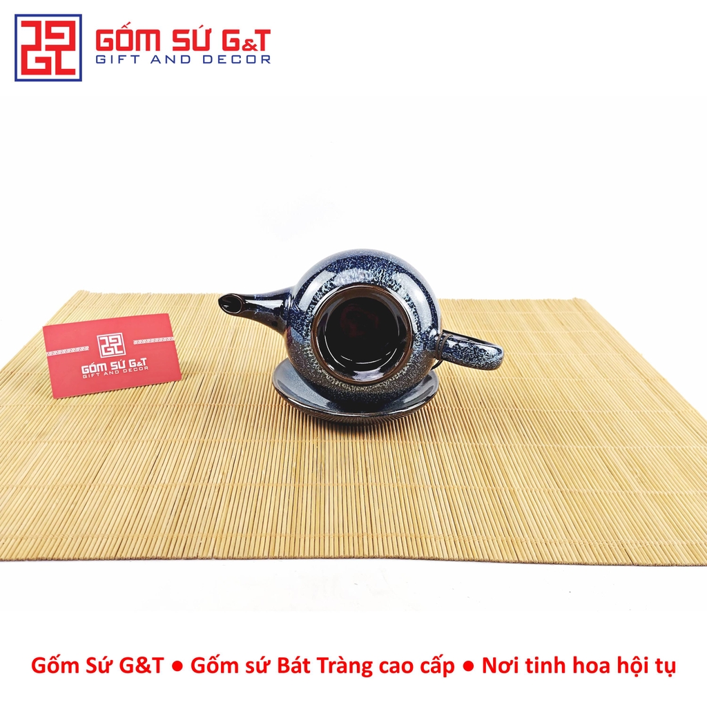 Bộ trà hỏa biến quai C lòng hoa men xanh