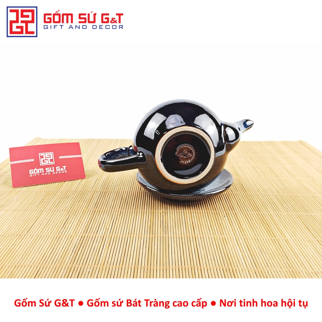 Bộ trà hỏa biến quai C lòng hoa men xanh