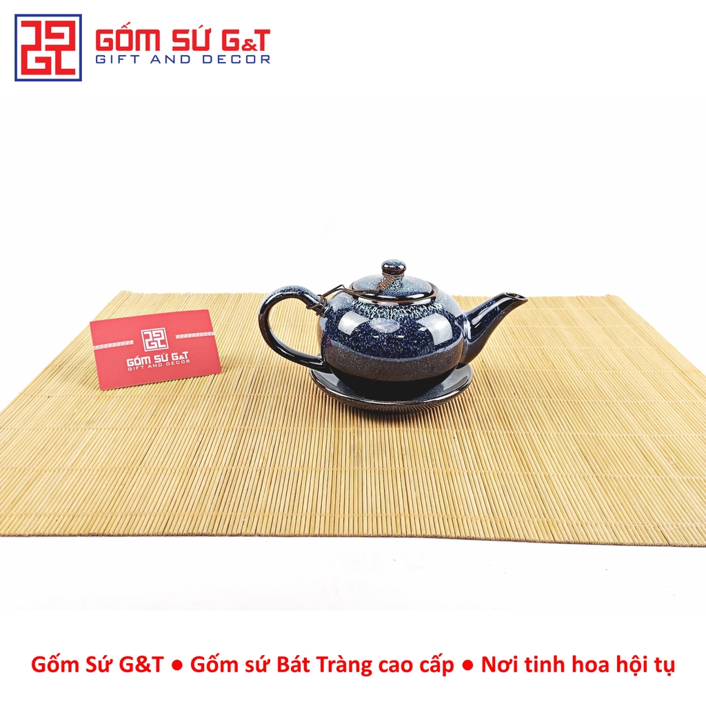 Bộ trà hỏa biến quai C lòng hoa men xanh