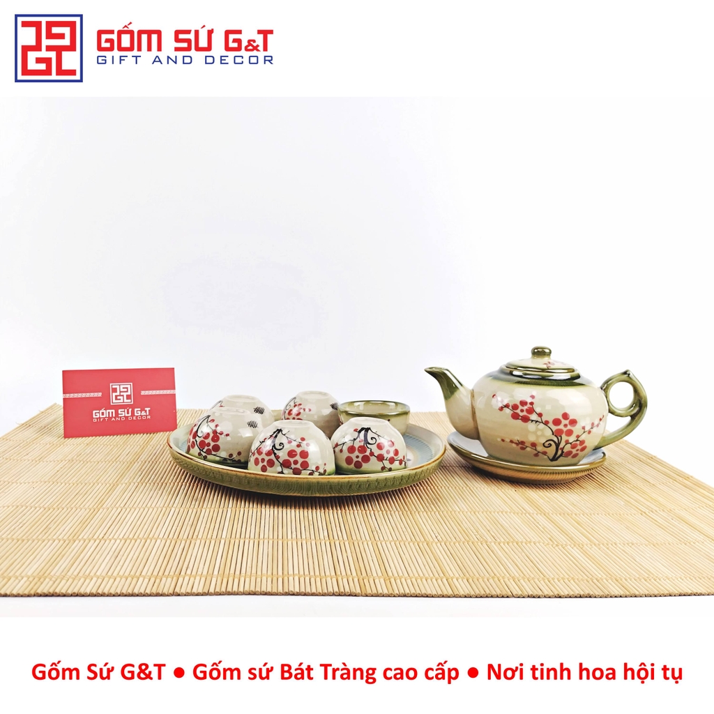 Bộ trà @ vẽ đào đỏ khay sứ