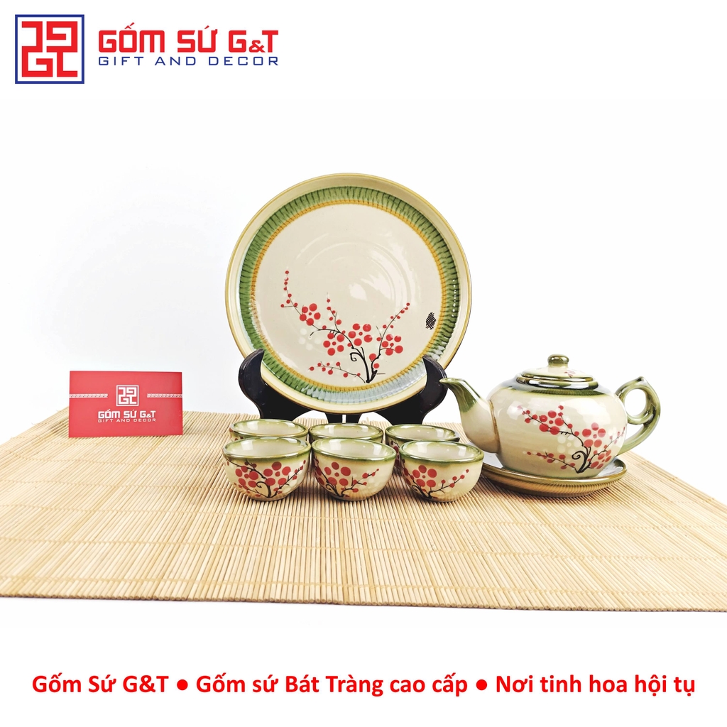 Bộ trà @ vẽ đào đỏ khay sứ