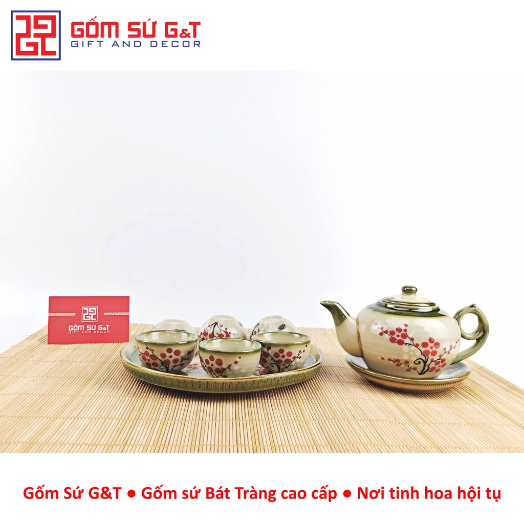 Bộ trà @ vẽ đào đỏ khay sứ