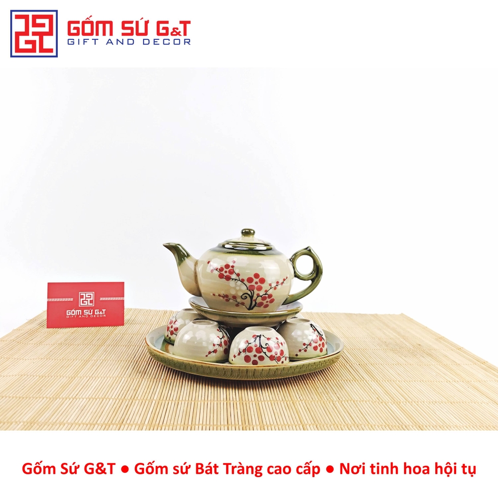 Bộ trà @ vẽ đào đỏ khay sứ