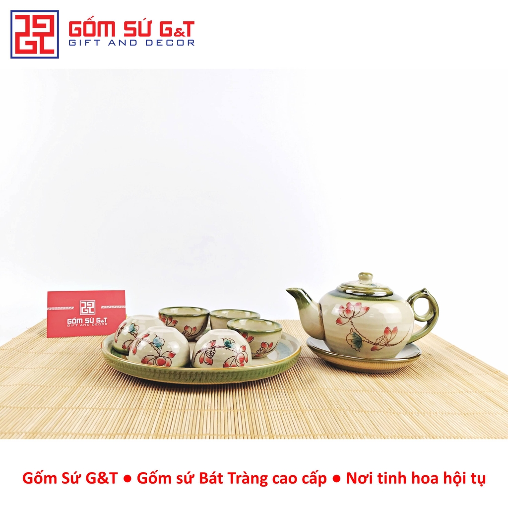 Bộ trà @ vẽ sen đỏ khay sứ